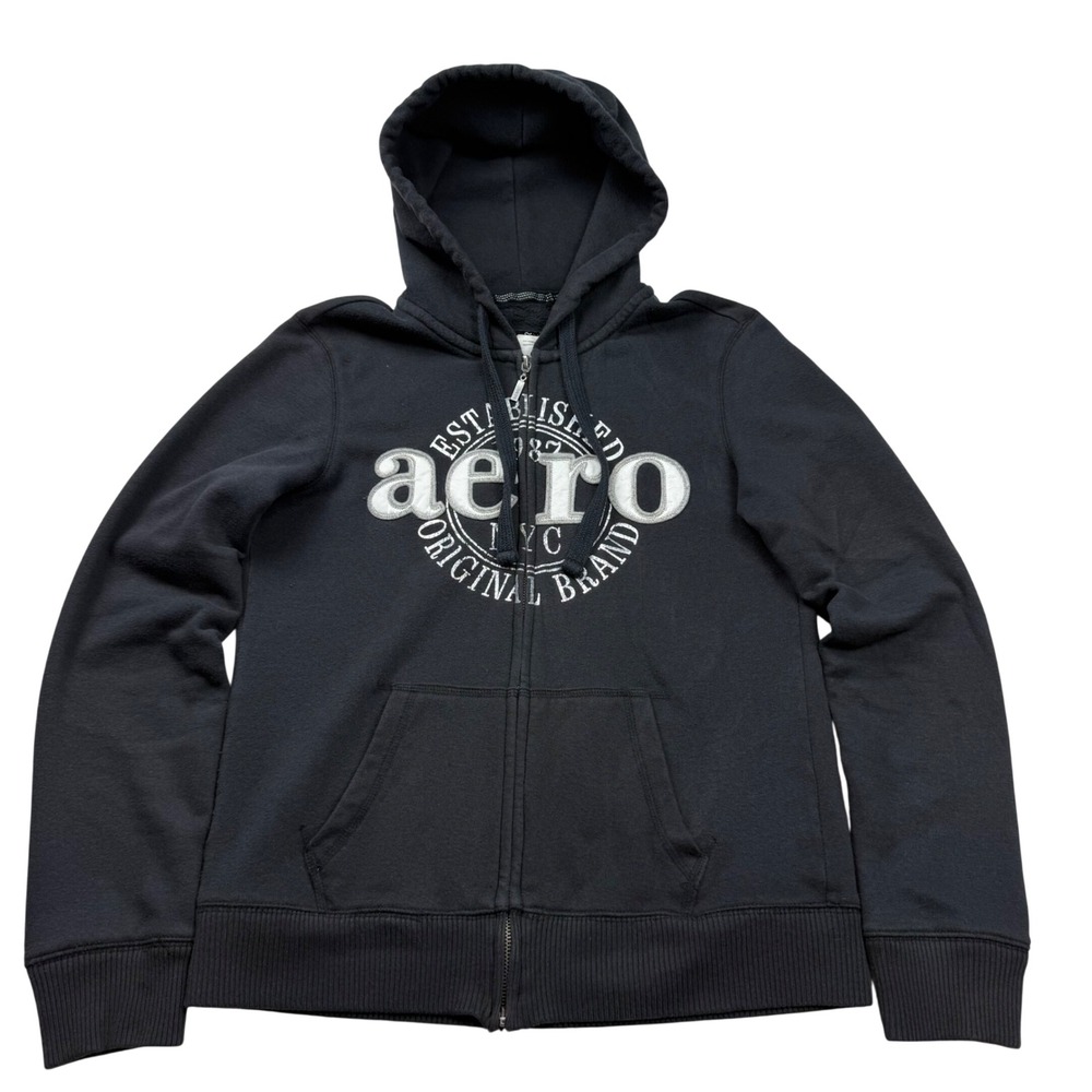VTG Y2K Aeropostale M Black Full Zip Hoodie Aero NYC Graphic Fleece Sweatshirt